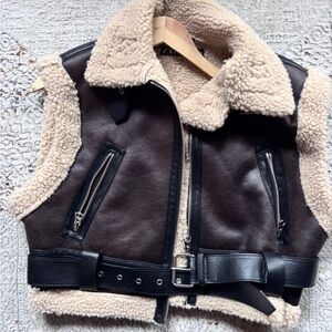 Zara Cream Shearling Vest with Black Trim